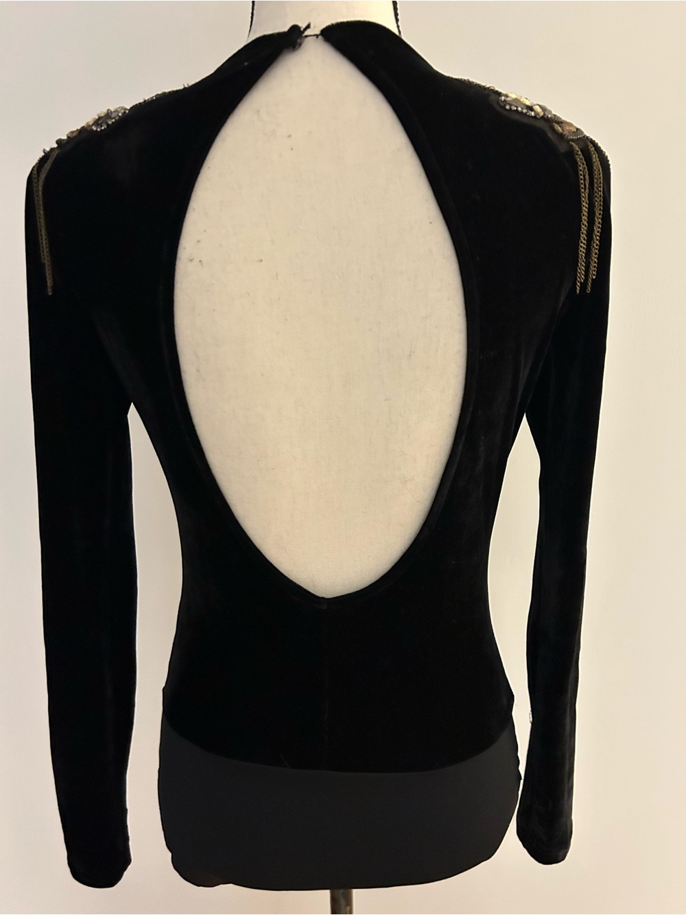 Zara Black Velvet Embellished Shoulder Bodysuit Top SZ M - Picture 4 of 10